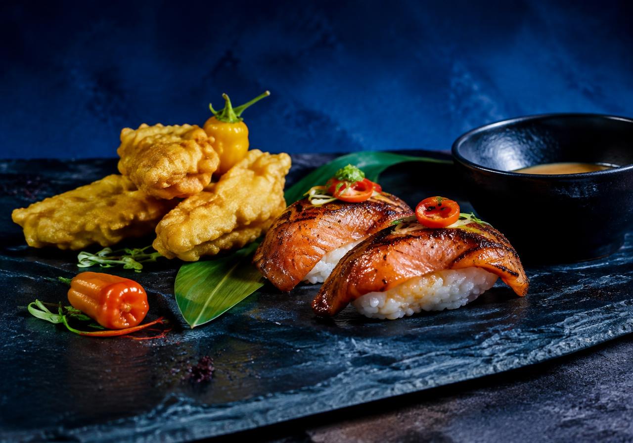 Jerk salmon nigiri and plantain tempura